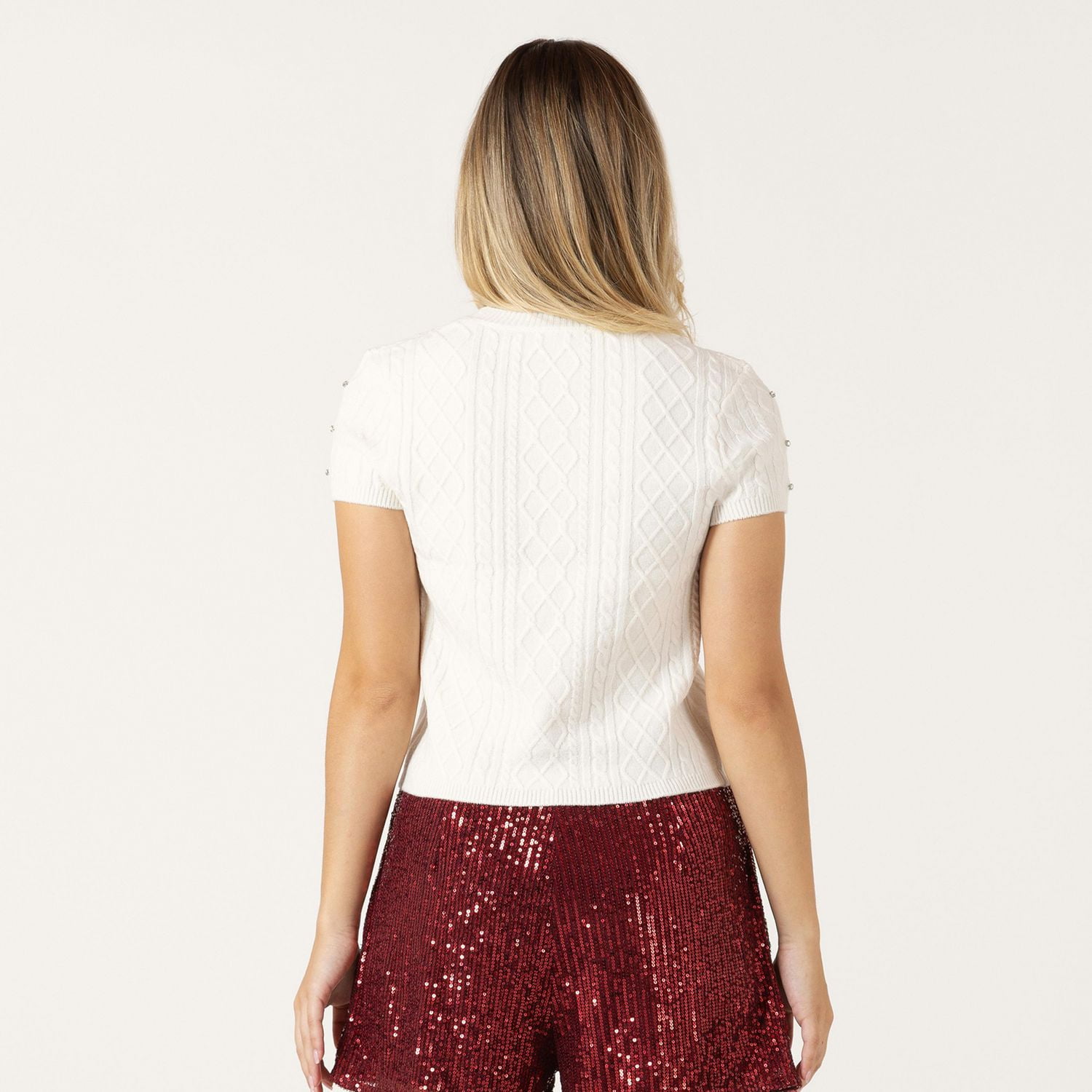 Bloom Girl Short sleeve cable knit sweater with jewel embellishment