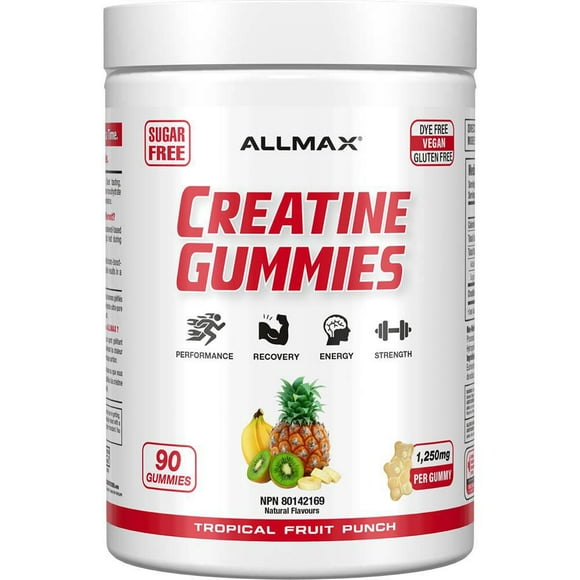 ALLMAX Nutrition Créatine Gummies - Saveur Punch aux Fruits Tropicaux - 90 Gummies - 1 250 mg de créatine monohydrate par gummie - Complément alimentaire pratique et sans sucre
