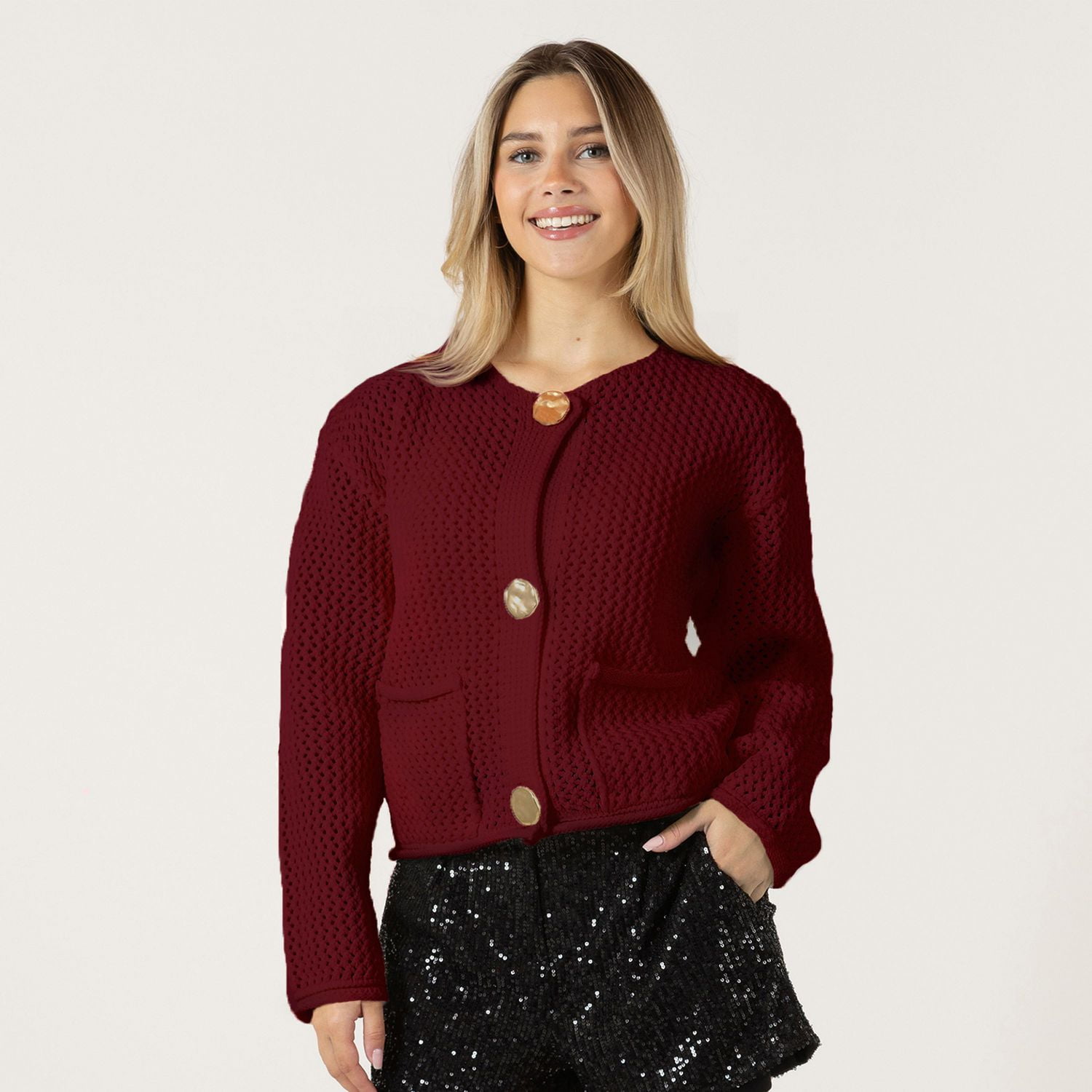 Bloom Girl Long sleeve knit cardigan with pockets and large buttons