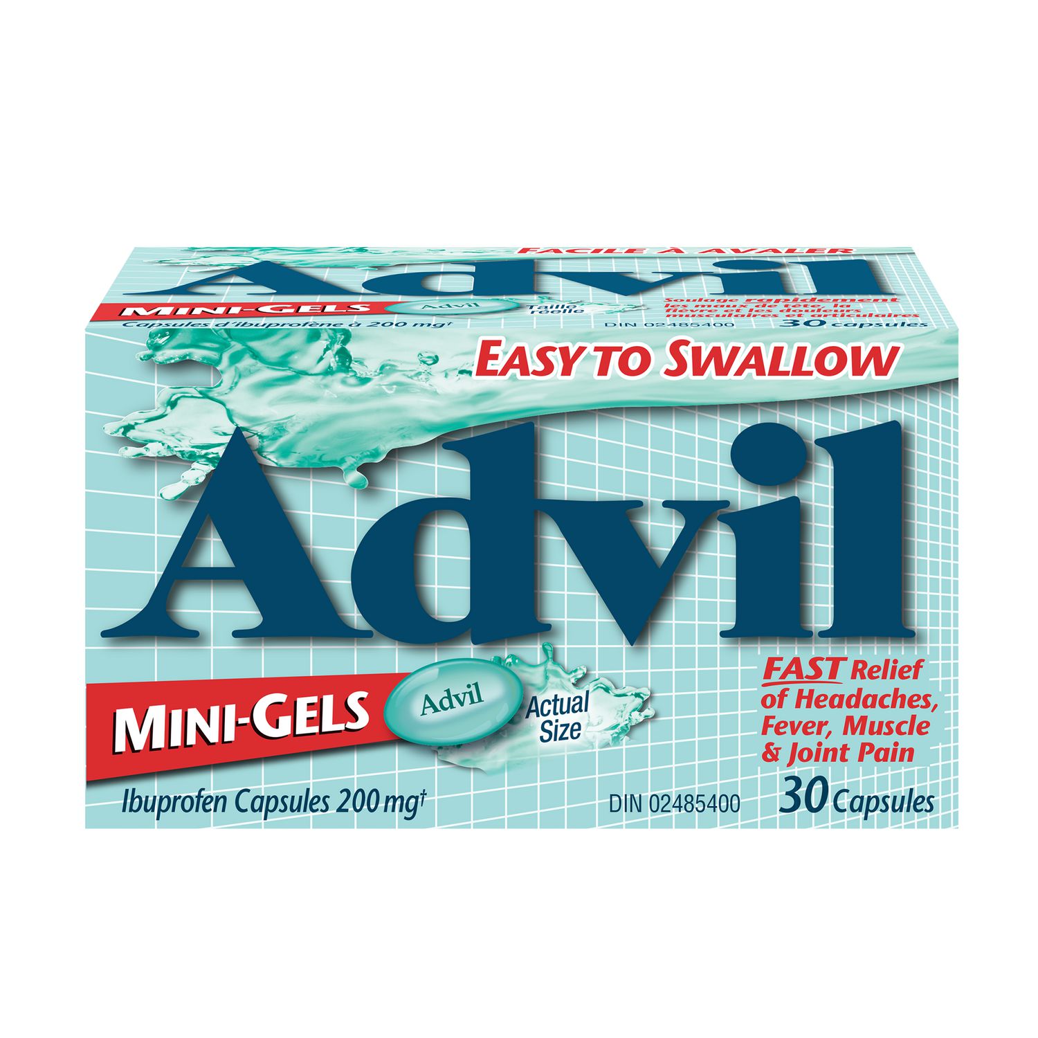 Advil Mini-Gels (30 Count), 200 mg ibuprofen, Temporary Pain Reliever / Fever Reducer front-facing box with Advil logo, visible 30-count and dosage text; carton art shows mini orange gel capsules and calls out the new mini, easy-to-swallow format suitable for those with pill-swallowing difficulty.