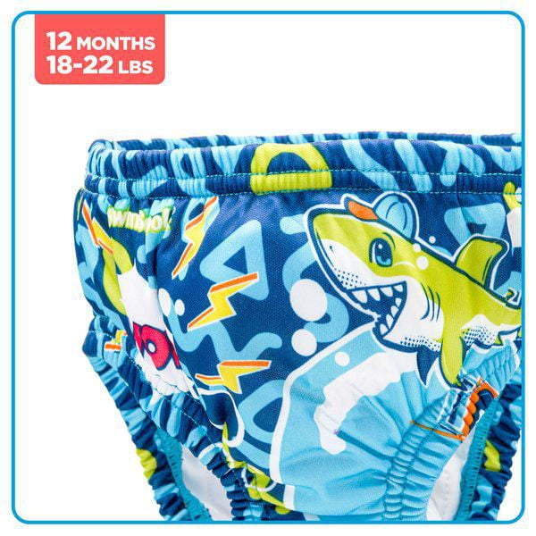 SwimSchool Re-Usable Swim Diaper with Elastic Waist and Leg Openings,  Shark, Medium 