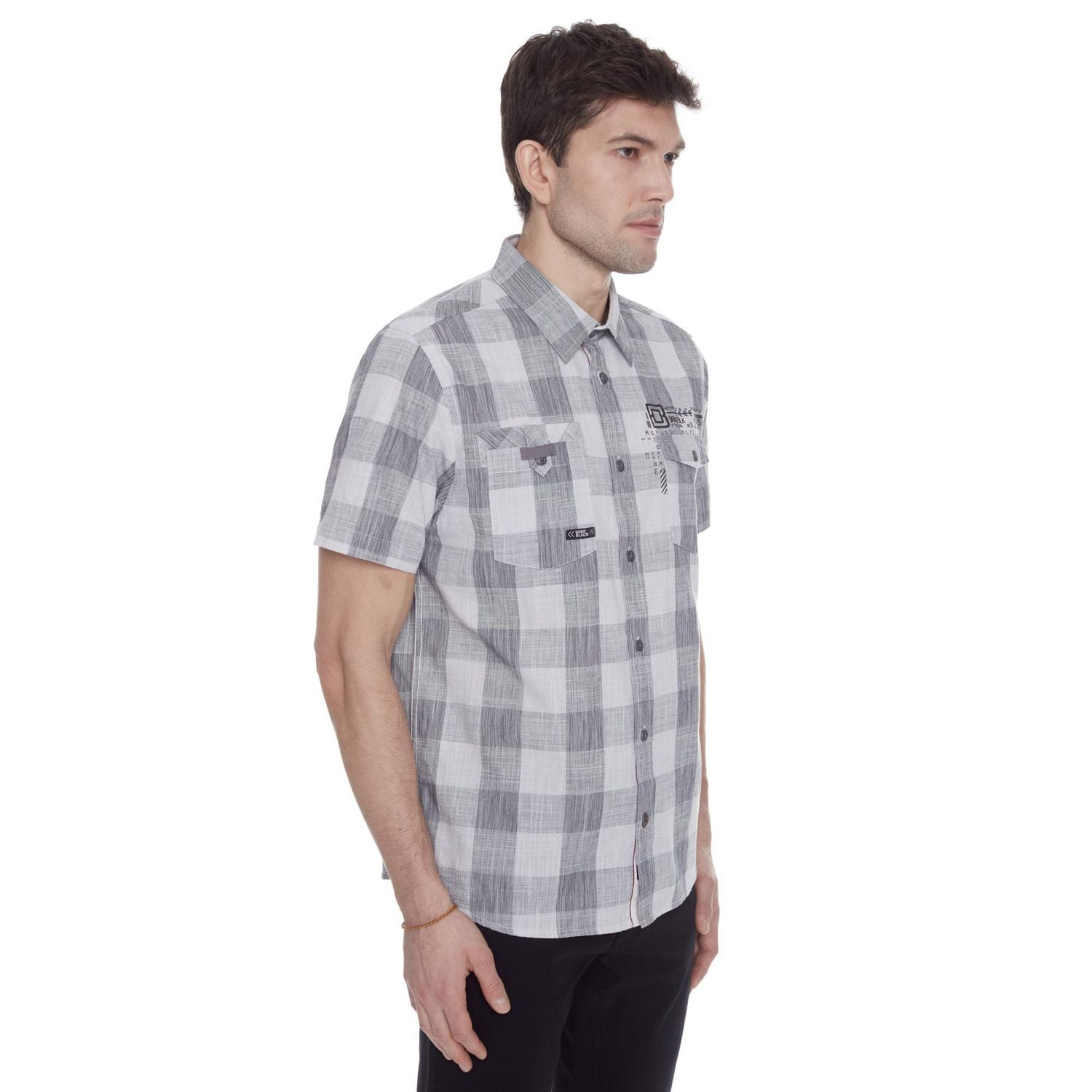 Dark Black Men's Short-Sleeve Plaid Button-Down Shirt with Pockets