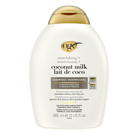 OGX Nourishing + Coconut Milk Moisturizing Shampoo, Hydrating & Restoring Shampoo Moisturizes for Soft Hair After the First Use, Paraben-Free, Sulfate-Free Surfactants, 385mL