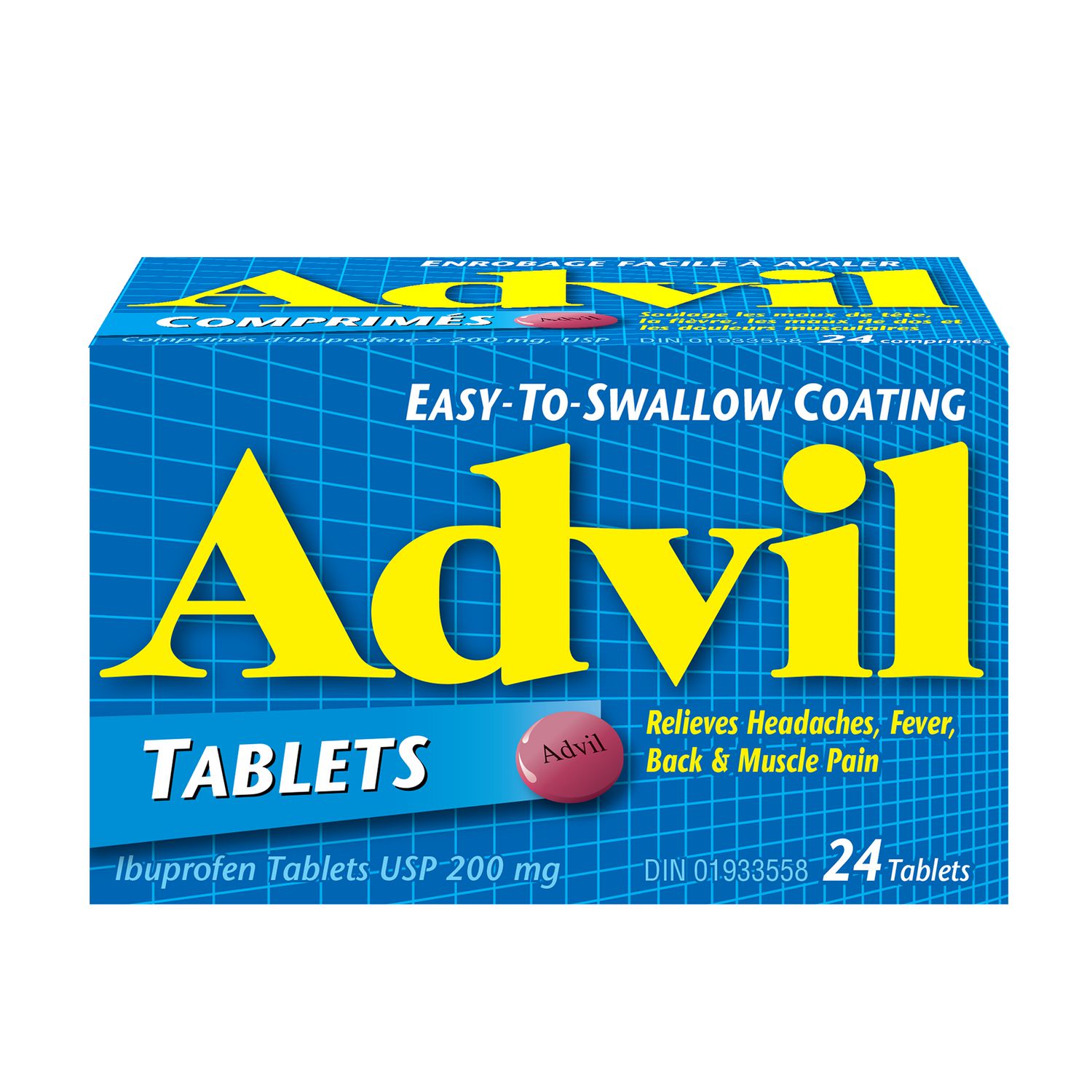 Comprimés Advil Régulier, pour soulager les maux de tête et la douleur, 200 mg d’ibuprofène, flacon de 24