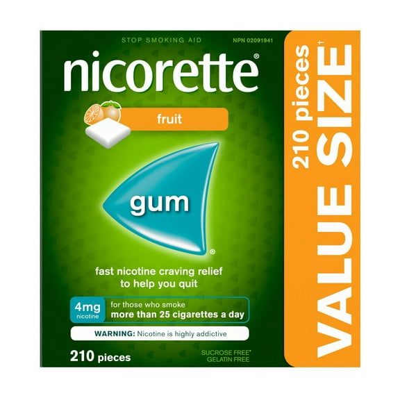 Gomme Nicorette Fruit  , 4 mg, Renoncement au tabac, Gomme de nicotine, Aide pour cesser de fumer, TRN, Réduire les envies de fumer, 210 morceaux