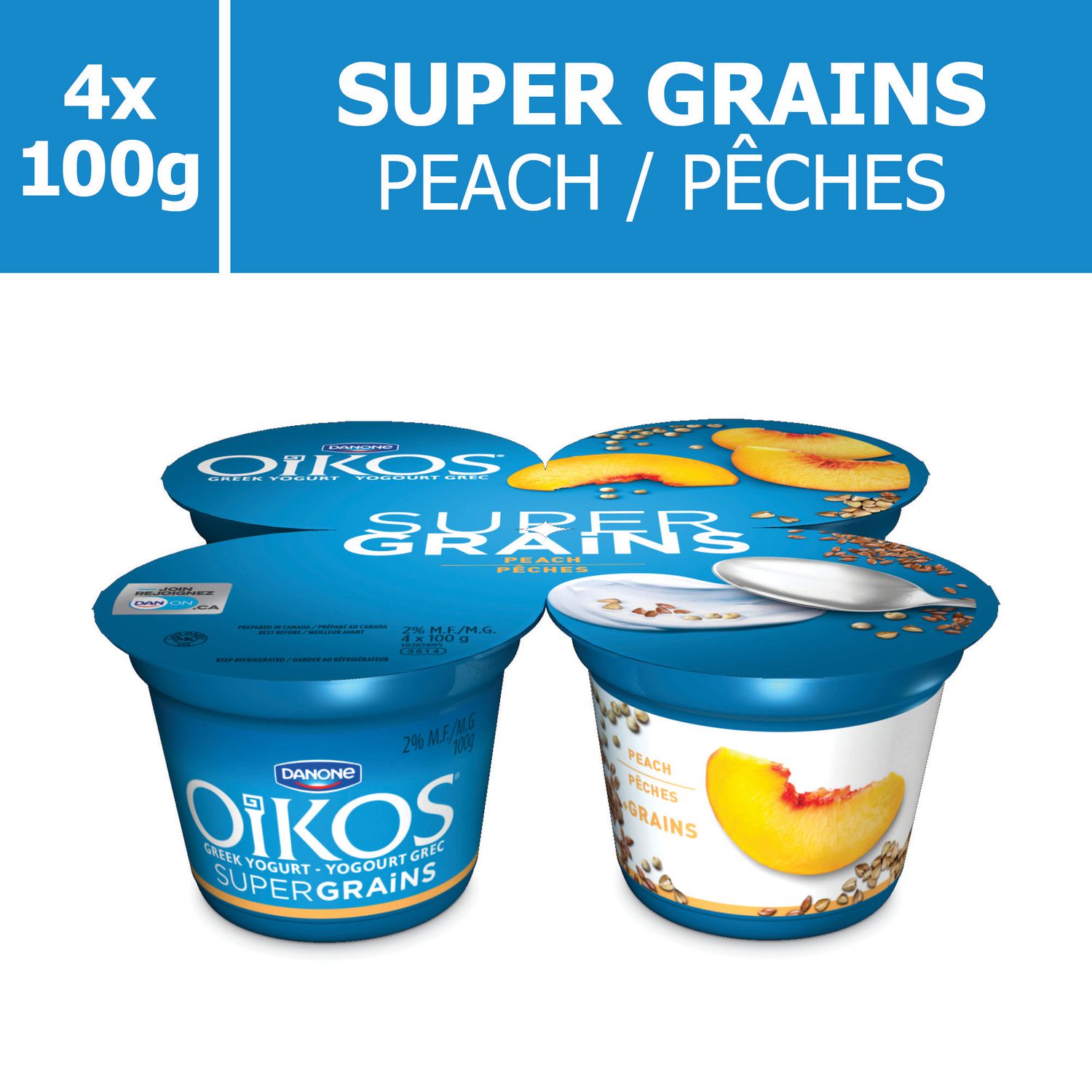 OIKOS Greek Yogurt with Super Grains, Peach Flavour, 100g (Pack of 4