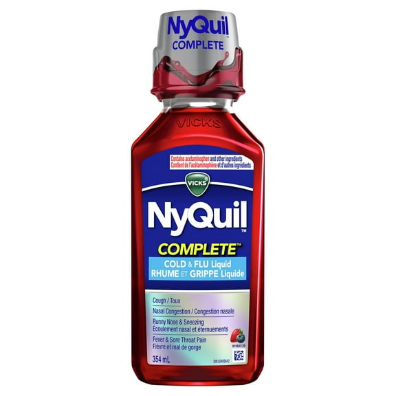 Vicks NyQuil COMPLETE Cold and Flu Symptom, and Congestion Relief, Liquid Berry Flavored Medicine, 9-Symptom Nighttime Relief for Headache, Fever, Sore Throat Pain, Minor Aches, Nasal Congestion, Sinu