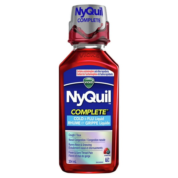 Vicks NyQuil COMPLETE Cold and Flu Symptom, and Congestion Relief, Liquid Berry Flavored Medicine, 9-Symptom Nighttime Relief for Headache, Fever, Sore Throat Pain, Minor Aches, Nasal Congestion, Sinus Pressure, Sneezing, Runny Nose, and Cough, 354ML