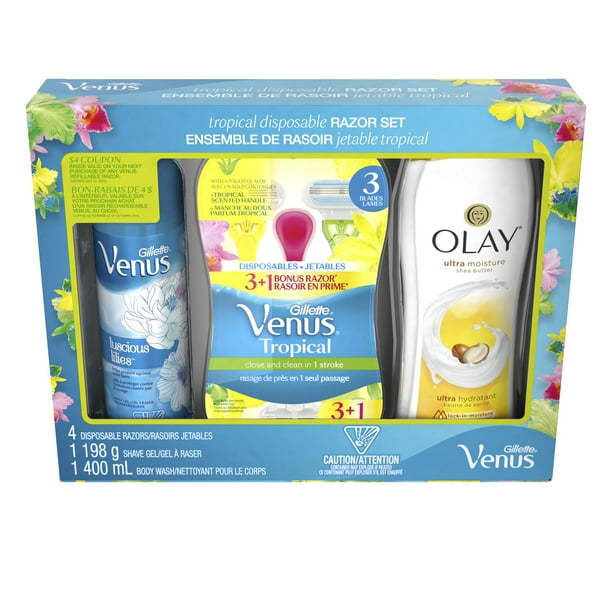 Ensemble-cadeau Gillette Venus comprenant rasoir jetable Tropical et gel à raser avec nettoyant pour le corps Olay
