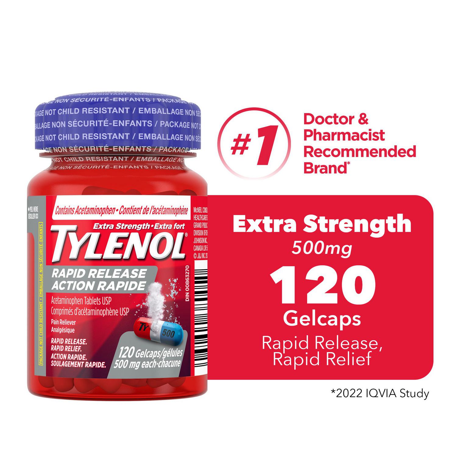 TYLENOL® Extra fort Action rapide en gélules à 500 mg. Soulage le mal de tête, la douleur et la fièvre, 120 gélules