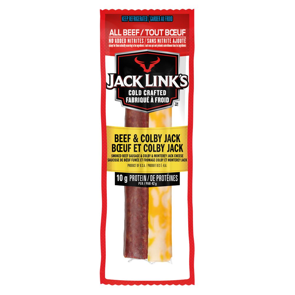 Jack Link’s Cold Crafted® Beef Stick & Colby Jack Cheese Combo centered pack with a beef stick and wrapped Colby Jack wedge, made with 100% premium beef and real Wisconsin cheese, 10g protein per package; portable protein snack suitable for hiking fuel or lunchboxes.