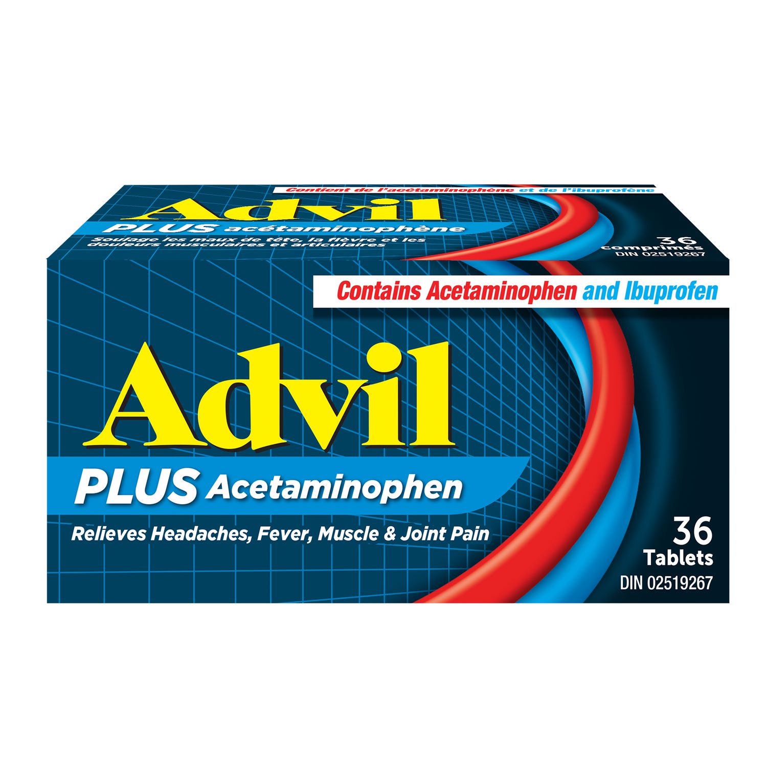 Advil Plus Acetaminophen Tablets Fight Pain 2 Ways, 36 Count front-facing box with Advil branding and 36-count label, showing combined dose: 2 tablets = 250 mg ibuprofen + 500 mg acetaminophen, up to 8 hours relief for headache, muscle, back, joint and menstrual pain.