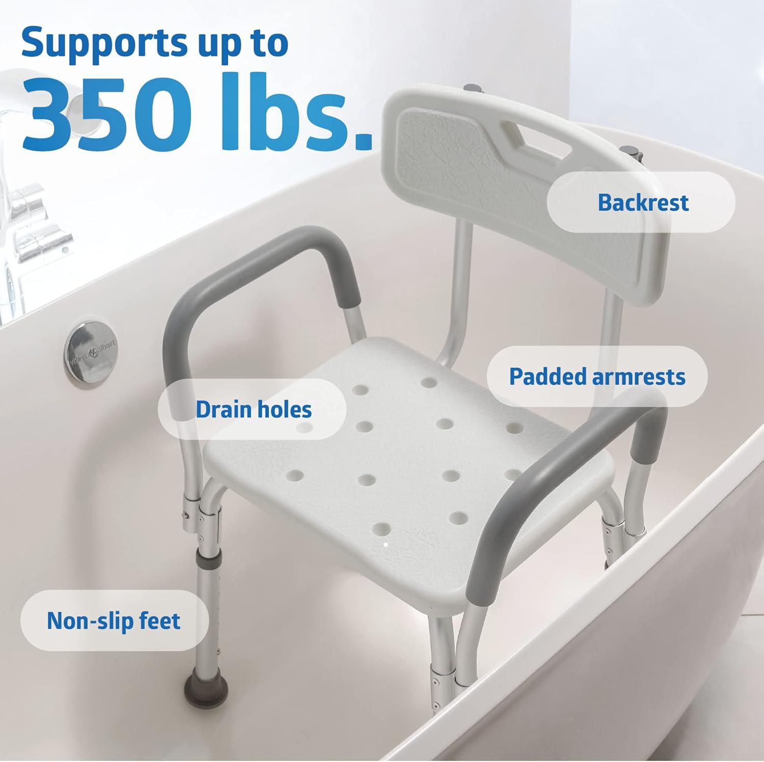 Medline Shower Chair Bath Seat with Padded Armrests and Back; Great for Bathtubs; Supports up to 350 lbs
