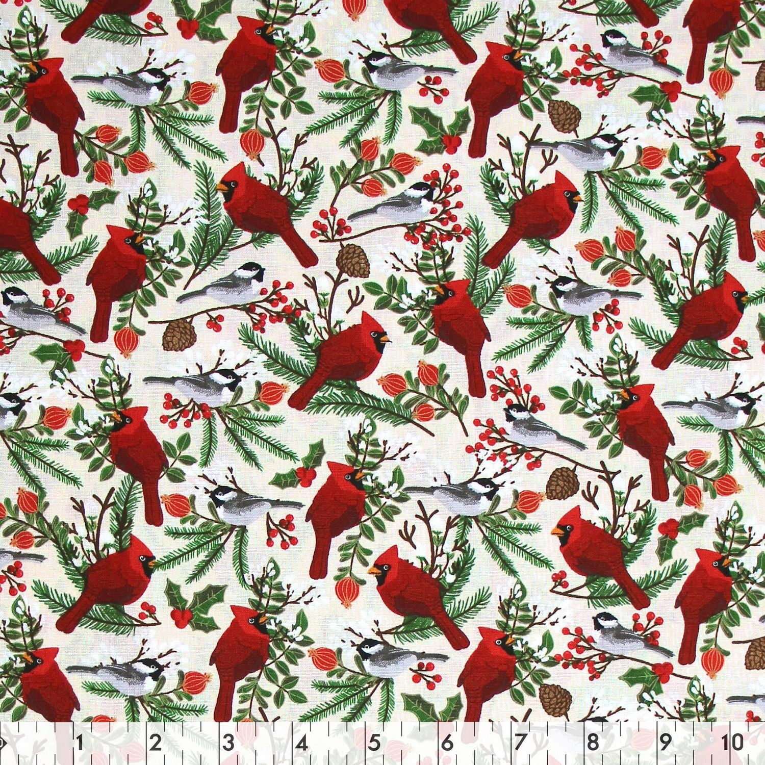 Fabric Creations Cream with Christmas Pine Branches and Birds Cotton ...