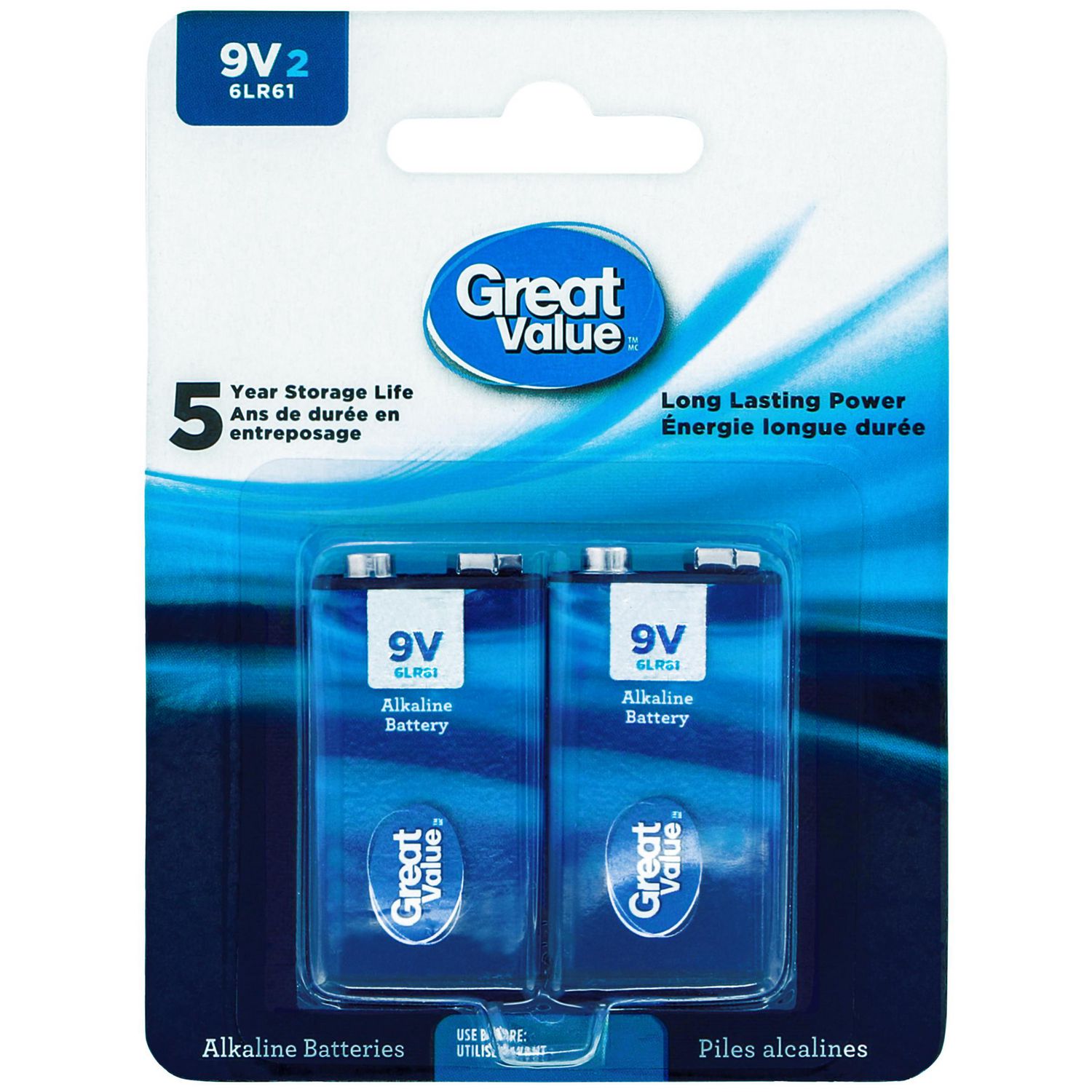 Great Value 9V 6LR61 Alkaline Batteries, 2 pack