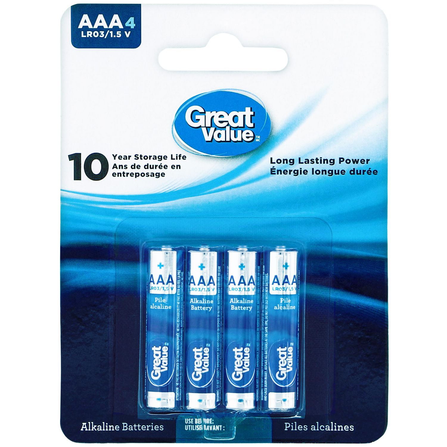 Piles alcalines AAA LR03/1,5 V Great Value Paquet de 4
