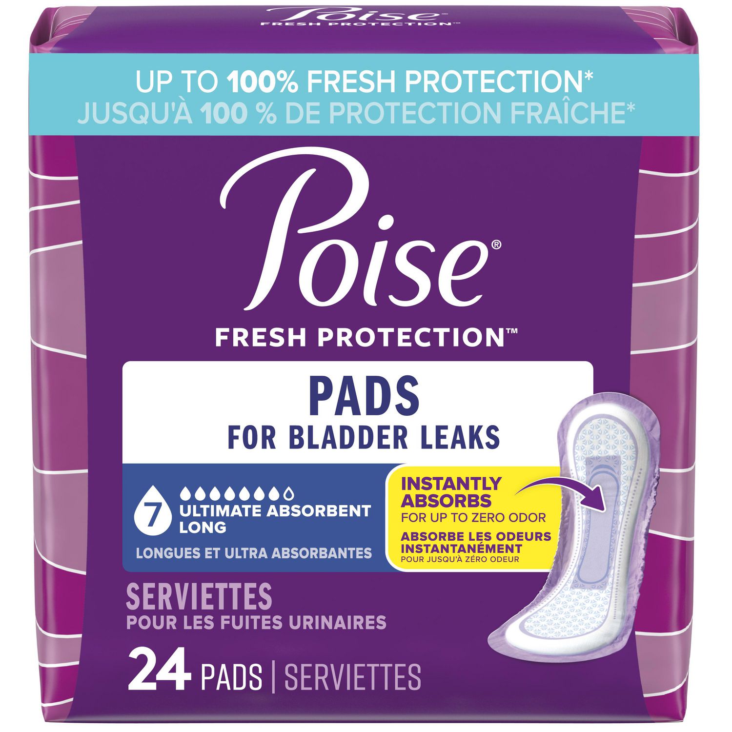 Serviettes d’incontinence Poise pour femmes, degré d’absorption 7, ultra-absorption, longueur longue, 24 unités