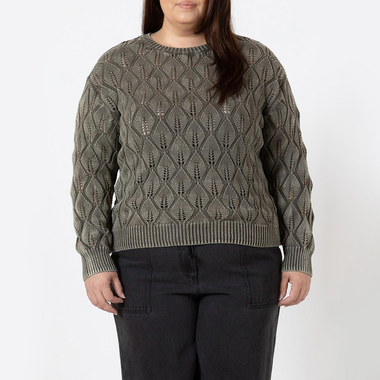 Devoted Women's Plus Long Sleeve Pointelle Crew Neck Sweater