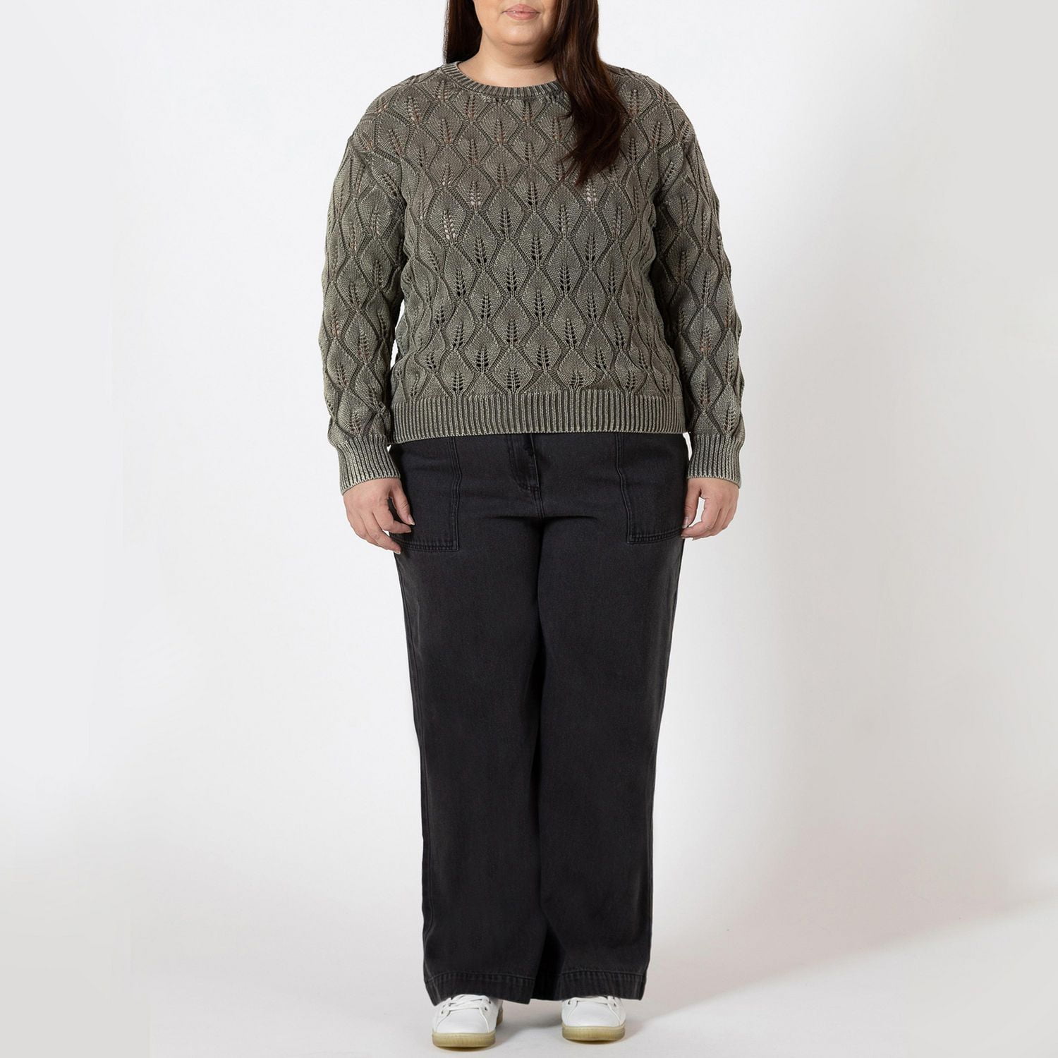 Devoted Women's Plus Long Sleeve Pointelle Crew Neck Sweater