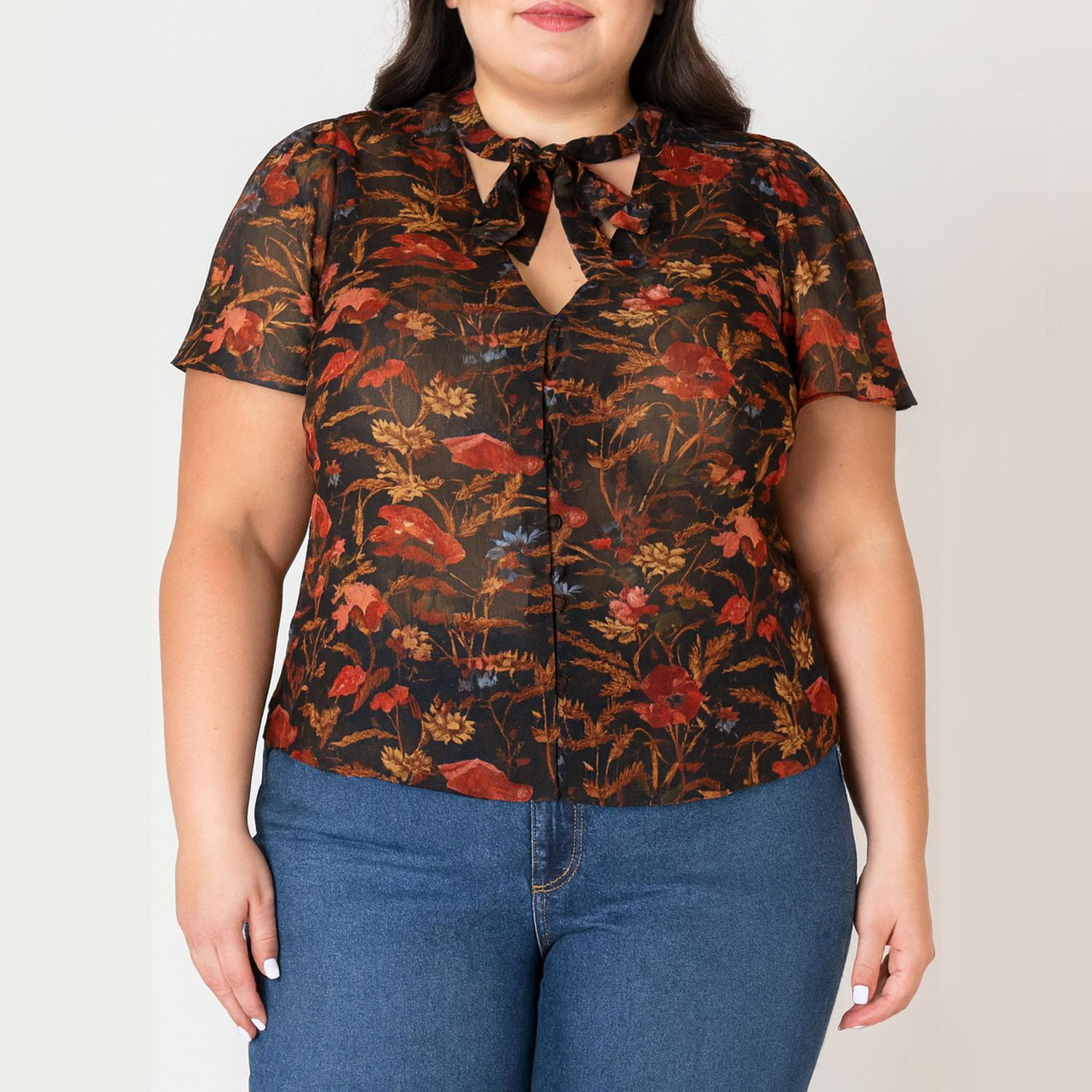 Devoted Women's Plus short sleeve blouse with a neck tie