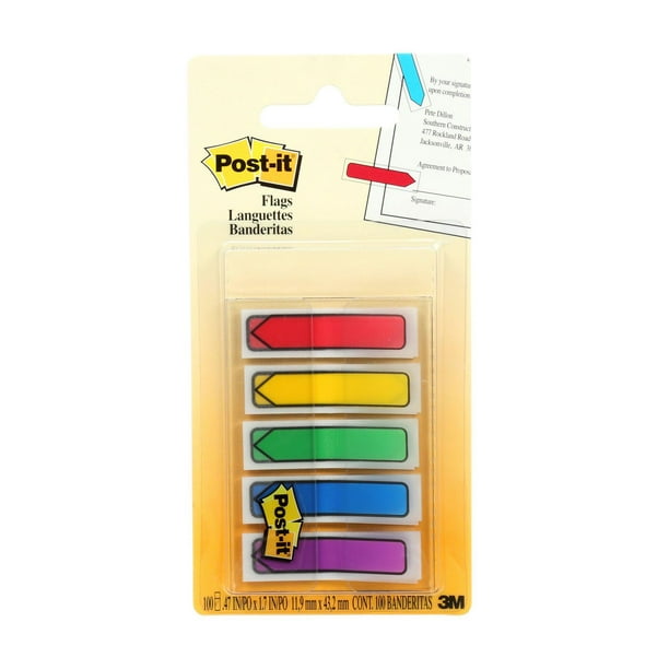 Languettes adhésives fléchées Post-it®, couleurs primaires assorties, 1,3 cm x 4,3 cm (1/2 po x 1,7 po) 20 Par Paquet