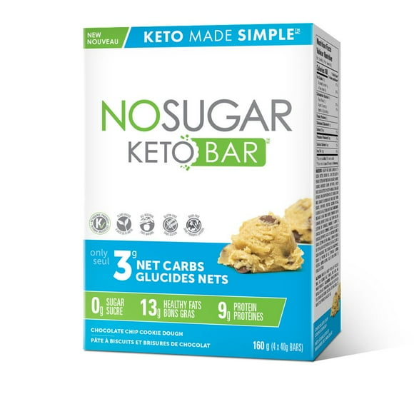 No Sugar KETO Bar Chocolate Chip Cookie Dough 4pk, 4ct (4 x 40g bars) 160 gr net weight
