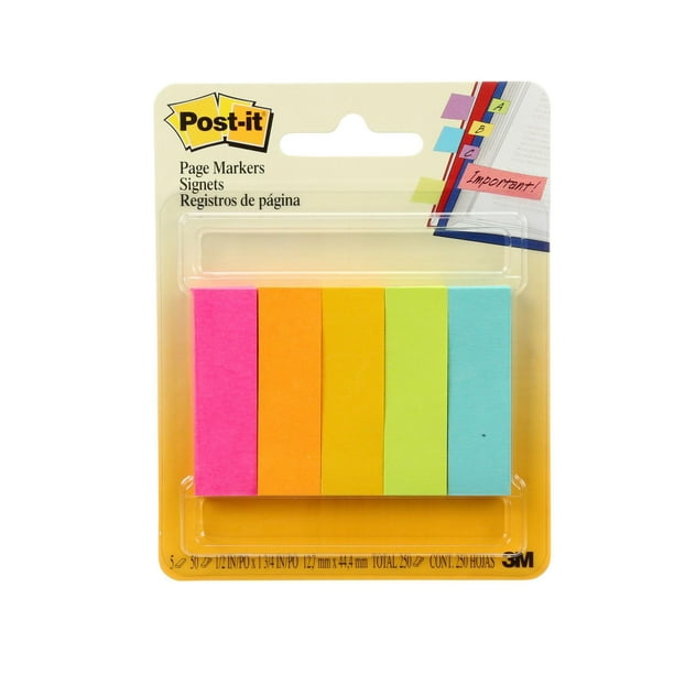 Signets Post-it®, couleurs fluorescentes assorties, 1,3 cm x 5 cm (1/2 po x 2 po) 50&nbsp;Signets/Bloc, 5&nbsp;Blocs/Paq