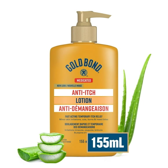 Gold Bond Medicated Anti Itch Lotion, 155ml Bottle, Hand and Body Lotion With Aloe, Vitamin E and B5 that Moisturizes, Provides Itch Relief Associated With Minor Burns, Cuts and Scrapes, 155 mL