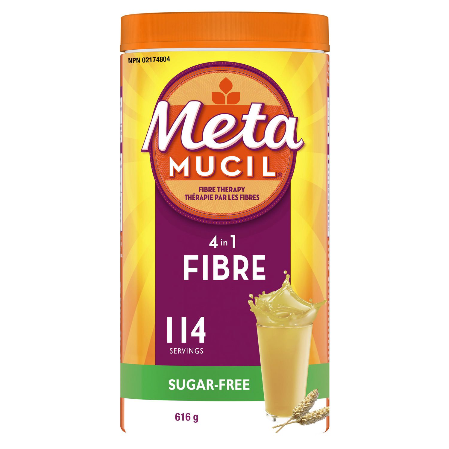 Metamucil Daily Fibre Powder, No Added Sweeteners, Unflavoured, 114 Servings, 4 in 1 Multi-Health Benefit, Plant-Based, Psyllium Husk, Daily Fibre for Digestive Health front-facing packaging with visible brand name and '114 servings' callout; label states plant-based psyllium husk powder for daily fibre to support digestive health and lists cholesterol and blood sugar support.