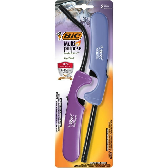 BIC Multi-purpose Lighter Assorted Pack, 1 Classic Lighter and 1 Flex Wand Lighter, Long Durable Metal Wand, Great For Candles, Grills and Fireplaces, Assorted colours, 2-Count, 2-Count