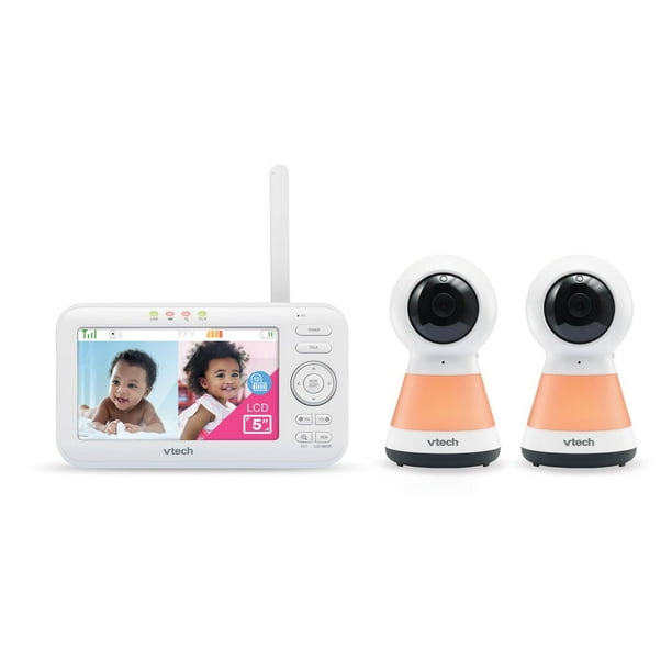 VTech VM5255-2 Moniteur de bébé vidéo numérique à balayage panoramique de 5 po à 2 caméras avec veilleuse (Blanc) VM5255-2