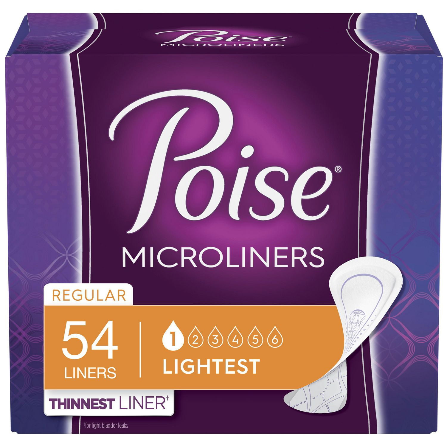 Poise Microliners, incontinence panty liners, lightest absorbency, regular,  54 Count, PACK OF 2