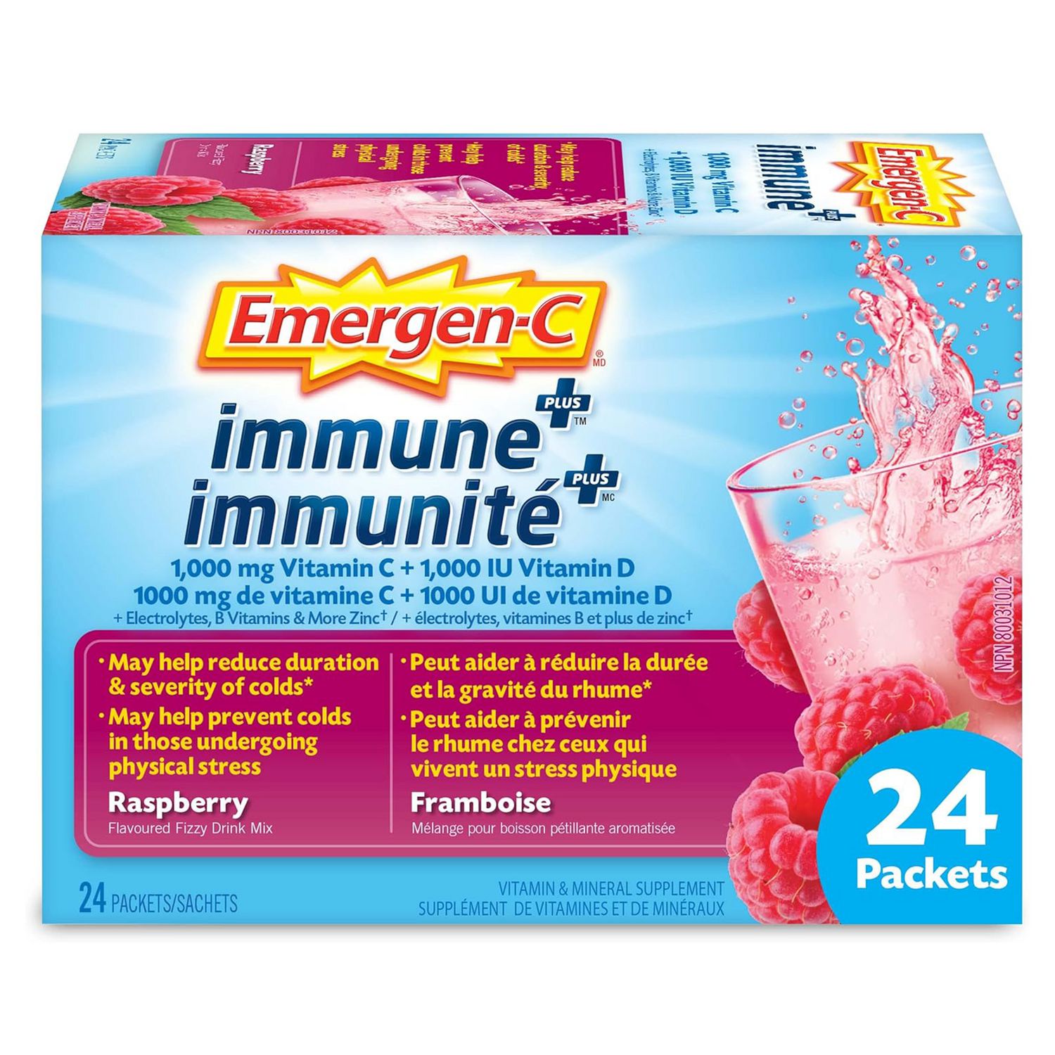 Mélange pour boisson Emergen-C immunité+, supplément de vitamine C (1 000 mg) et de multivitamines, saveur de framboise, 24 sachets