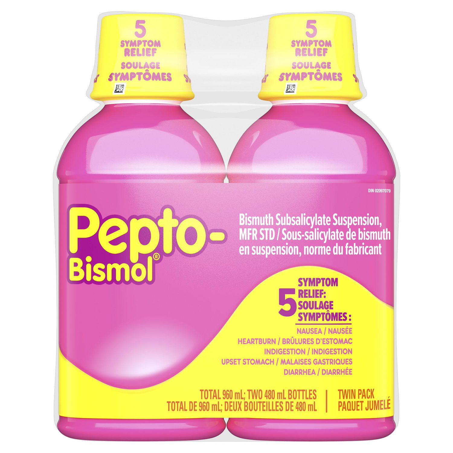 Pepto Bismol Liquid, Pack of 2, 5 Symptom Stomach Relief, Regular Strength, Original Flavour, 2x480 mL
