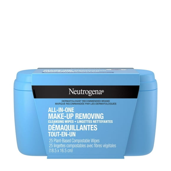 Neutrogena Makeup Remover Facial Cleansing Towelettes, All-in-One Daily Face Wipes to Remove Dirt, Oil, Makeup & Waterproof Mascara, Gentle, Alcohol-Free, Plant Based and Compostable, 25 wipes