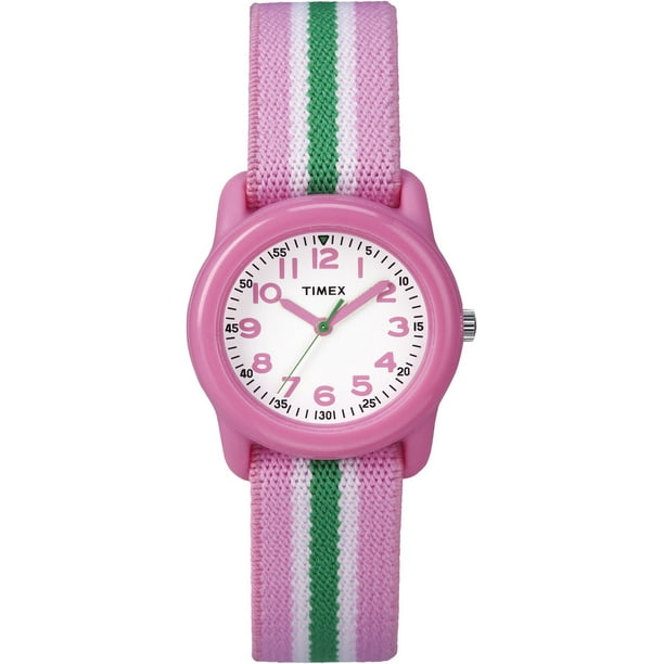 Montre analogique à Quartz de TimexMD pour enfants avec écran rose, cadran blanc et bracelet rayuré rose et vert