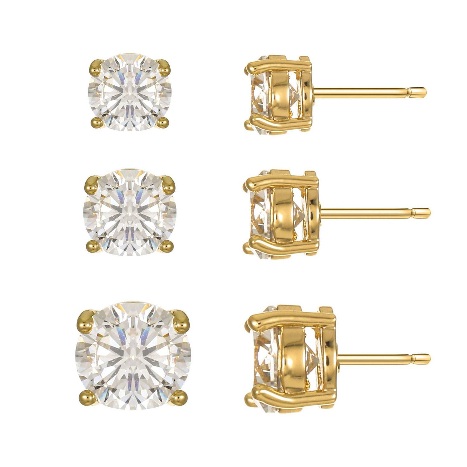 Luxury Designs Gold Plated Cubic Zirconia Stud Earring Set: 3mm, 4mm, 5mm