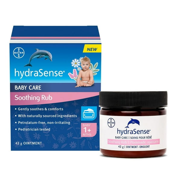 Pommade apaisante pour bébé hydraSense – apaise et réconforte en douceur; sans gelée de pétrole; non irritant; avec ingrédients de source naturelle : eucalyptus, lavande et camomille; testée par des pédiatres. 43 g
