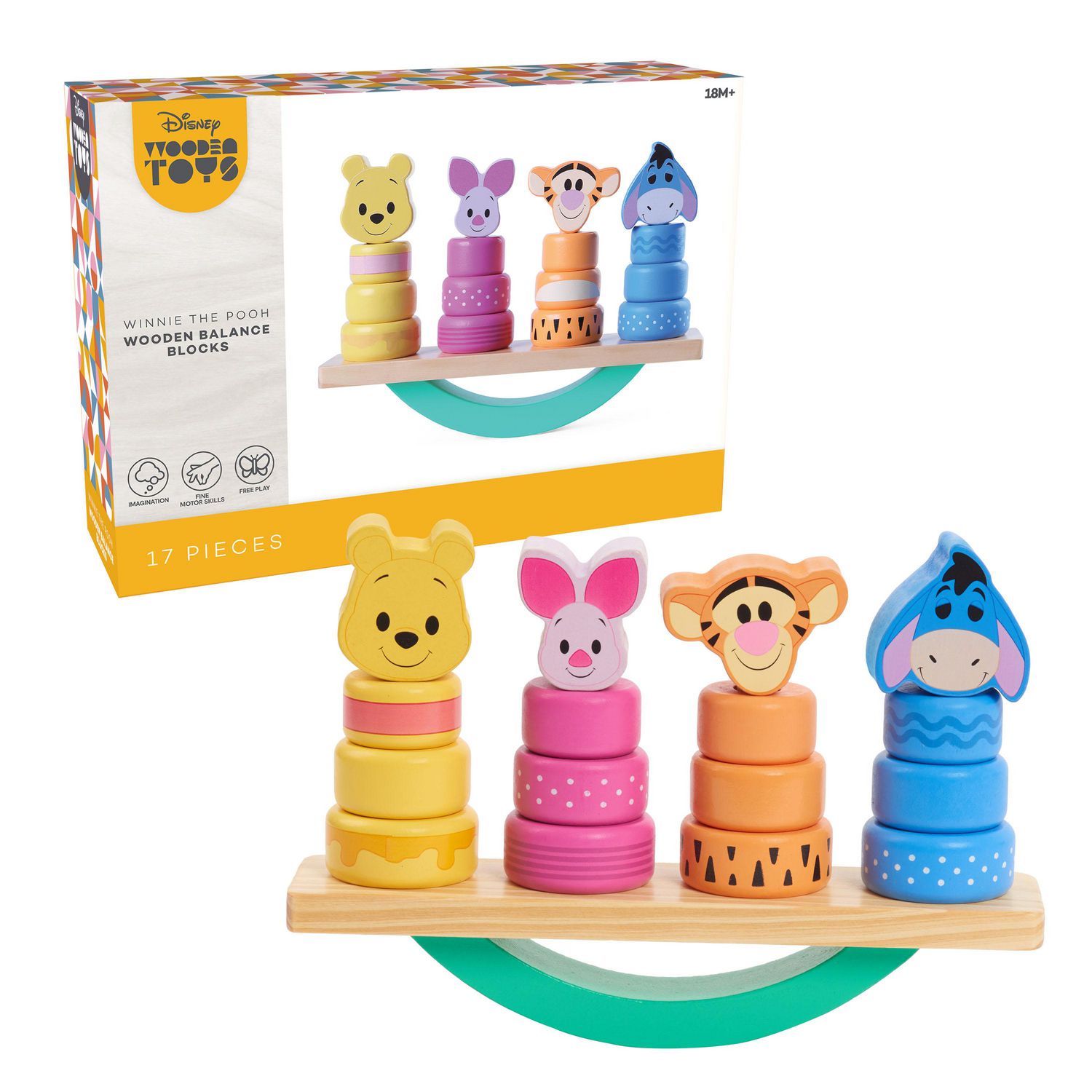 Disney Wooden Toys Winnie the Pooh Balance Blocks, 17-Piece Set