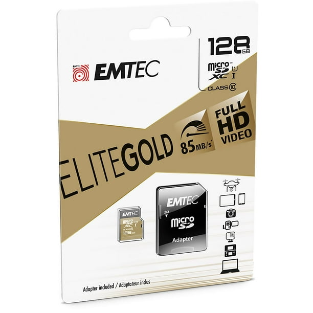 Carte à mémoire SD + adaptateur CL10 U1 d'Emtec de 128 Go de la collection d'or EMTEC MSD U1 128Go