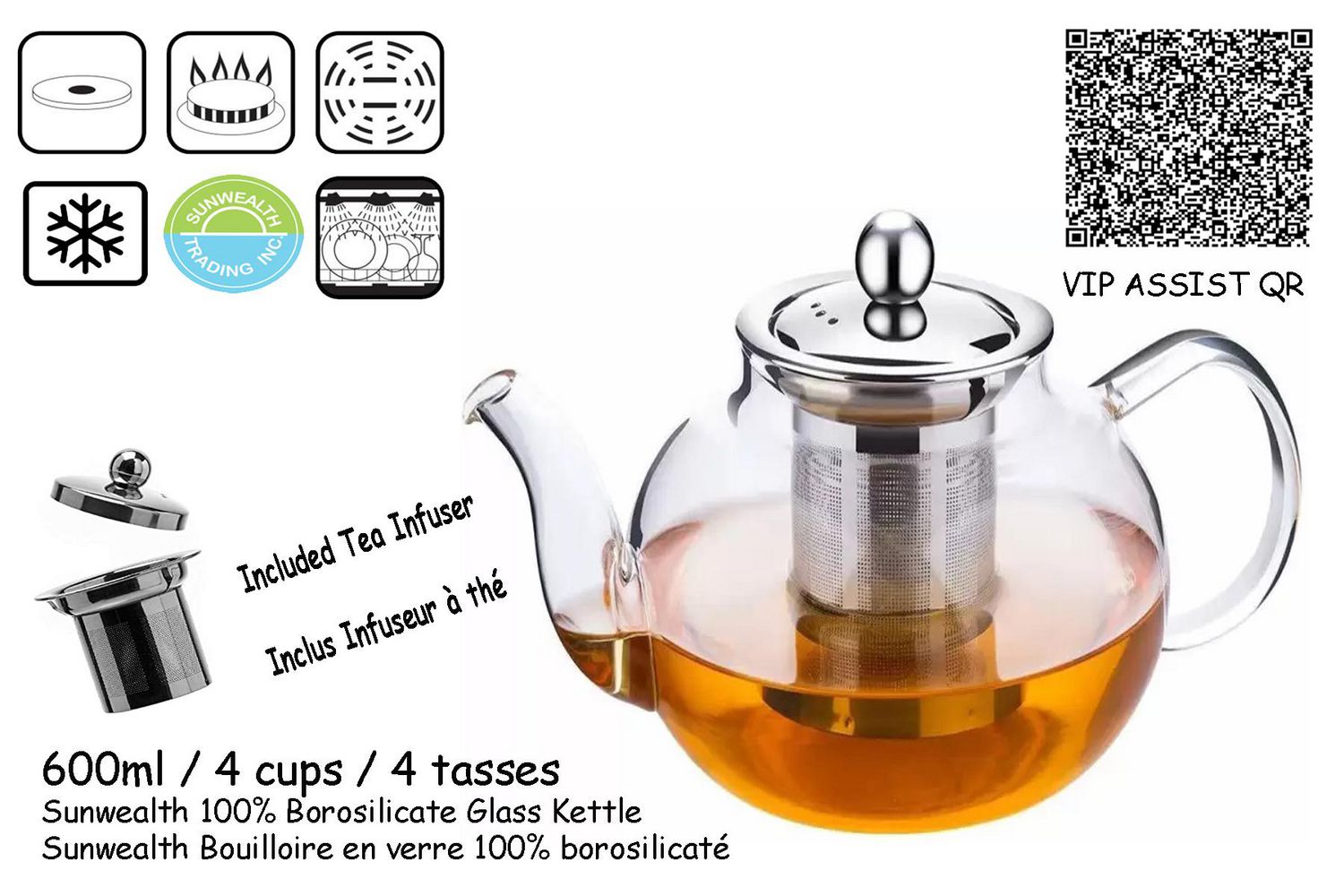 Sunwealth Borosilicate Glass Tea Pot Capacity 600ml 4 cups