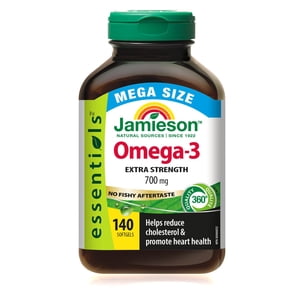 Jamieson Omega-3 Des softgels, 700 mg, pas d' arrière-goût de poisson, taille méga, 140 Ct