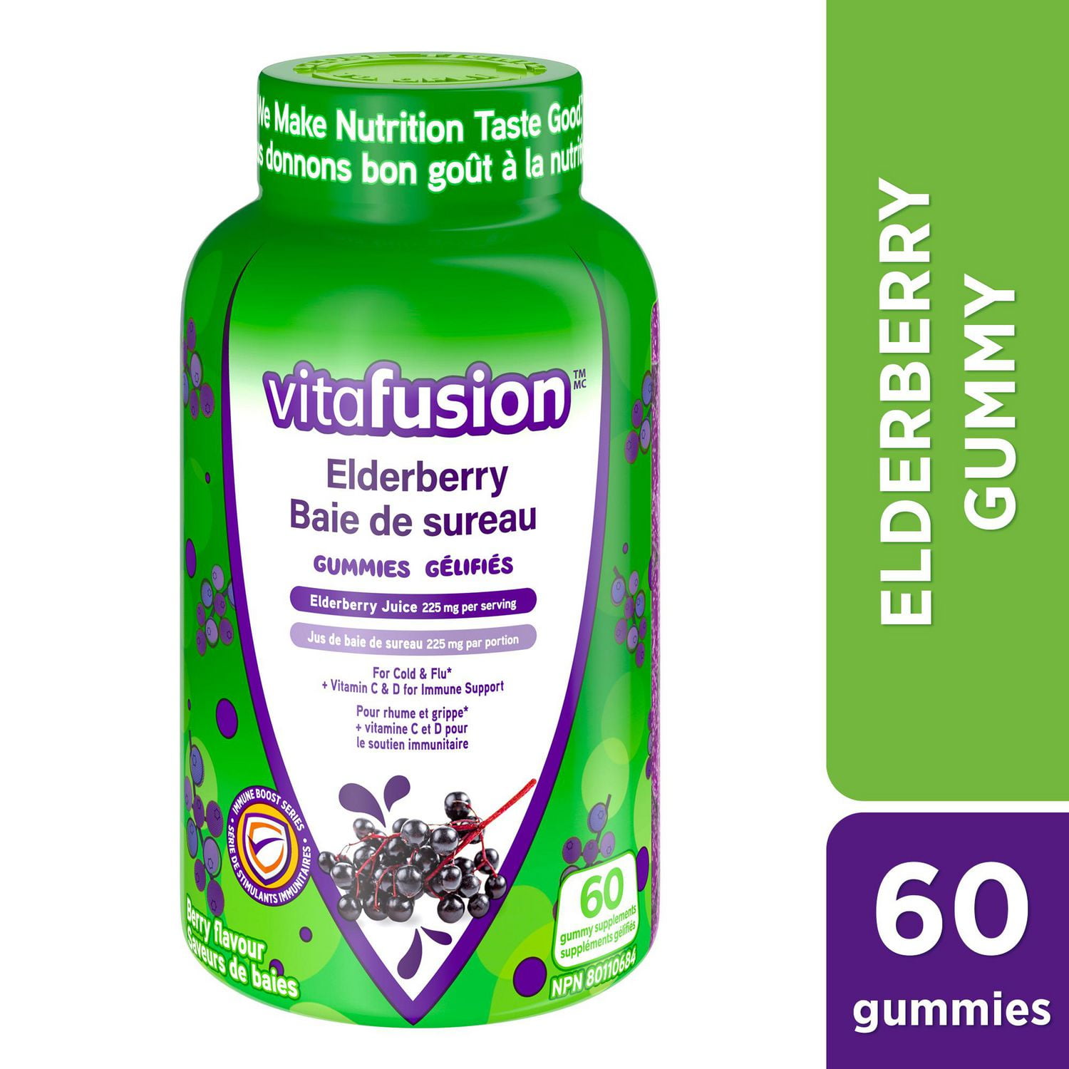 Vitafusion Elderberry Gummies - 225 mg of Elderberry Juice per Serving, For Cold & Flu + Vitamin C & D for Immune Support, 60 Count, 60 supplements