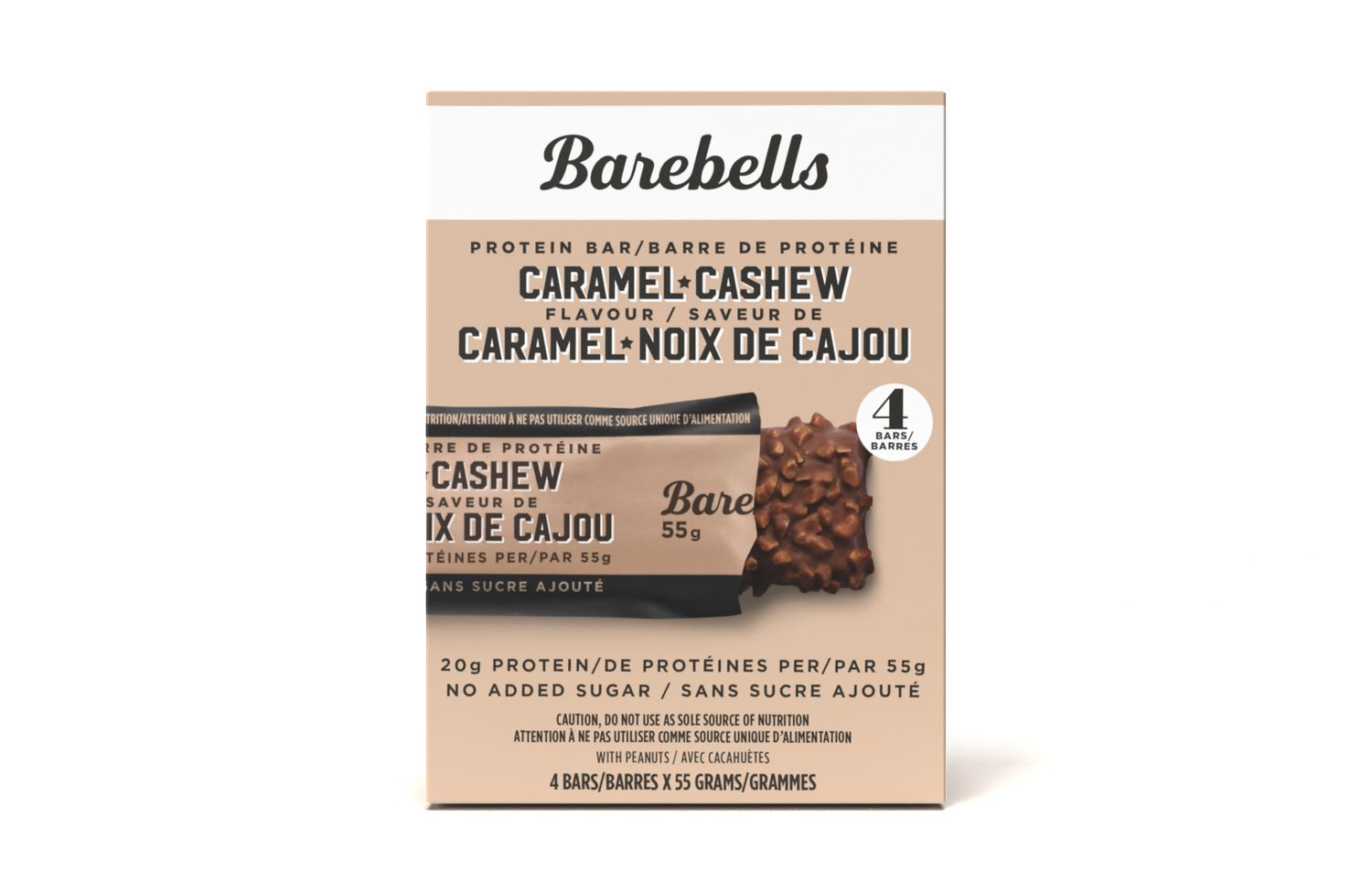 BAREBELLS PROTEIN BAR CARAMEL CASHEW 4 PACK , 4 X 55 GRAMS COUNT