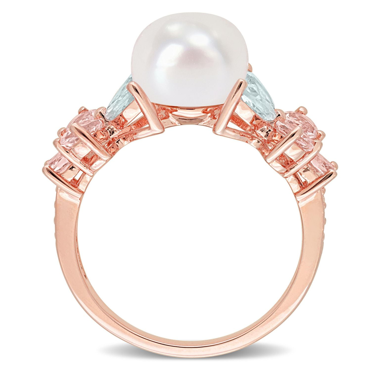 Miabella Freshwater Cultured Pearl 1-2/5 Carat T.G.W. Morganite Aquamarine and White Topaz 18K Rose Gold Plated Silver Cluster Floral Ring