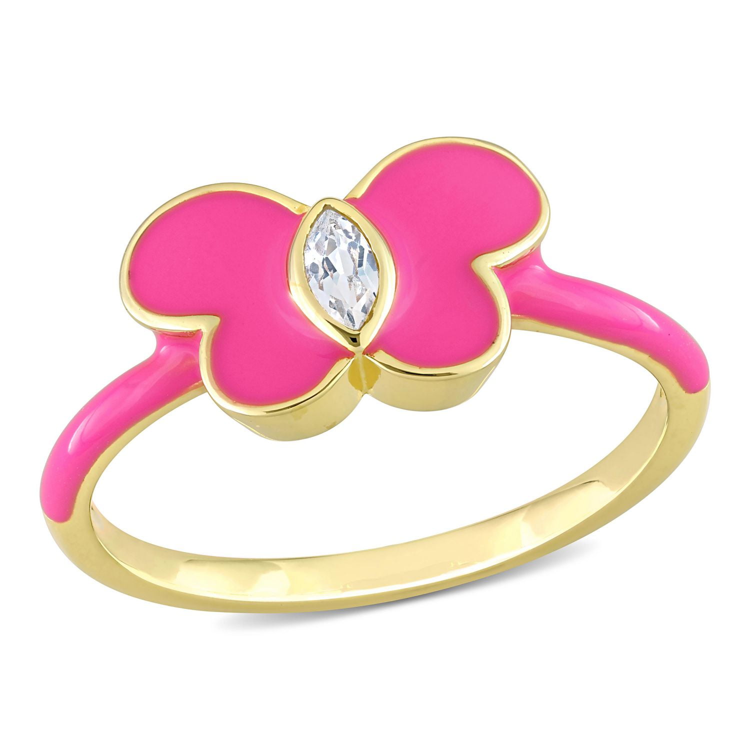 Miabella Created White Sapphire Yellow Rhodium Plated Sterling Silver Pink Enamel Butterfly Ring