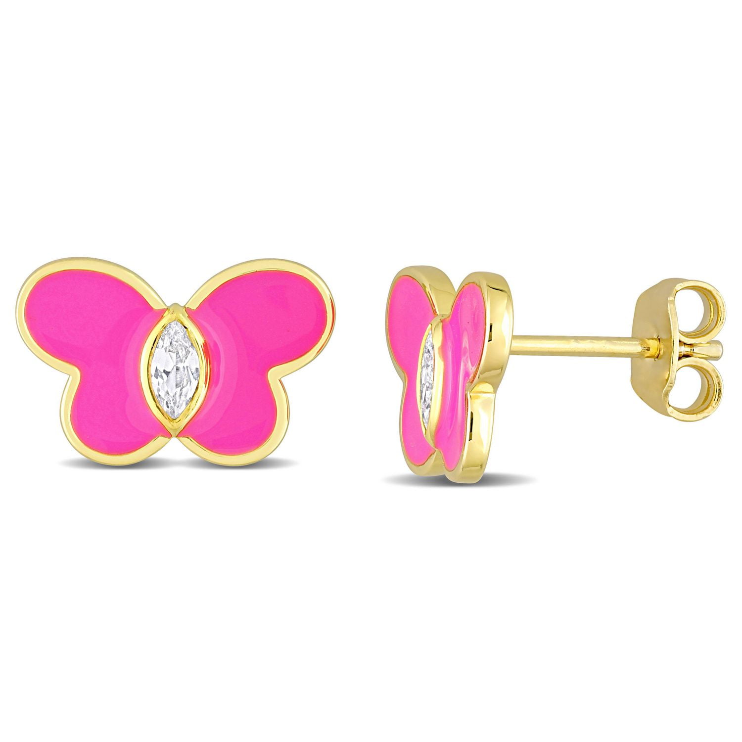 Miabella 1/4 Carat T.G.W. Created White Sapphire Yellow Rhodium-Plated Sterling Silver Pink Enamel Butterfly Earrings