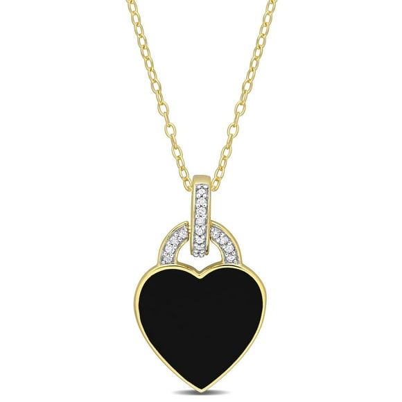 Miabella 1/10 Carat T.W. Diamond Yellow Rhodium Plated Sterling Silver Black Enamel Heart Necklace