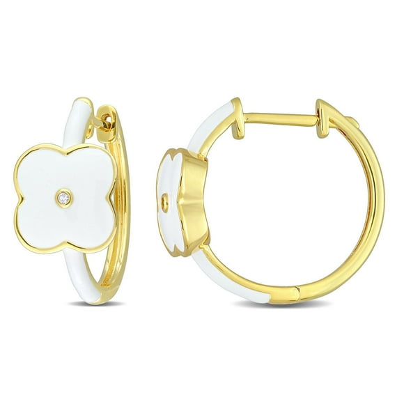 Miabella Created White Sapphire Yellow Rhodium-Plated Sterling Silver White Enamel Flower Hoop Earrings