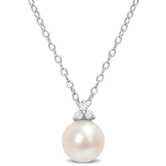 Miabella Freshwater Cultured Pearl and Diamond Accent Sterling Silver 3-Stone Necklace